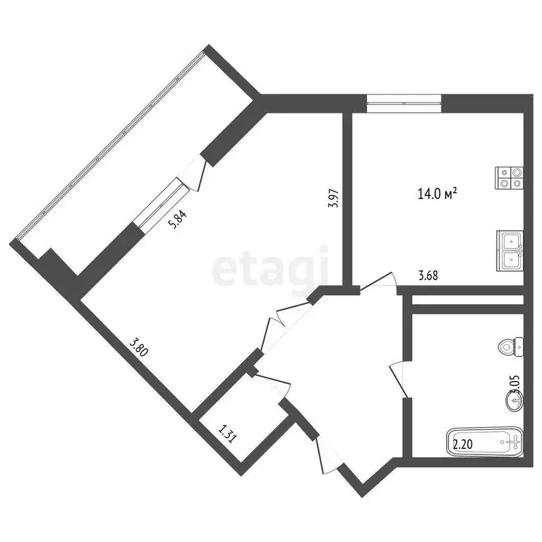 Квартира, 1 комната, 55.8 м - Фото 1