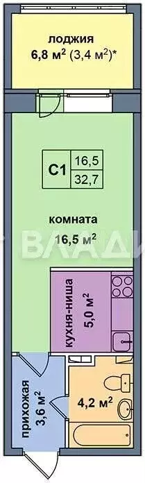 Квартира-студия, 32,7 м, 4/4 эт. - Фото 0