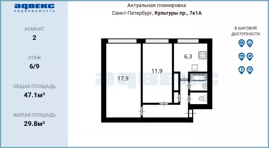 2-к кв. Санкт-Петербург просп. Культуры, 7К1 (47.1 м) - Фото 2