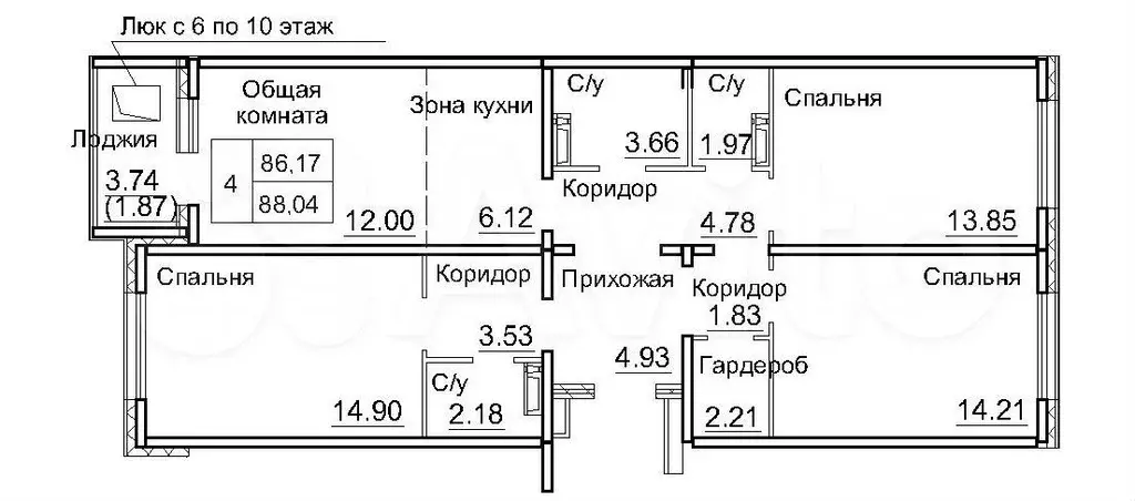 4-к. квартира, 89,4 м, 9/10 эт. - Фото 0