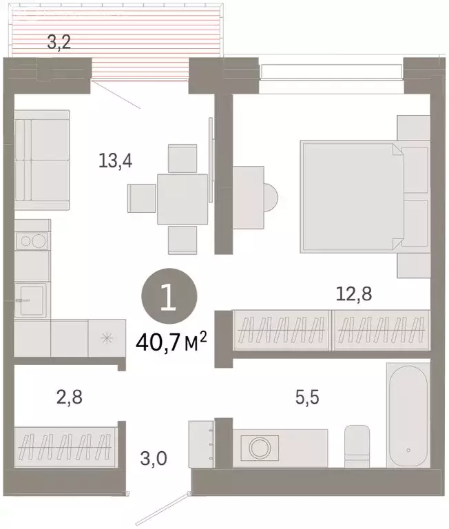 2-комнатная квартира: Тюмень, Причальная улица, 7 (40.7 м) - Фото 2