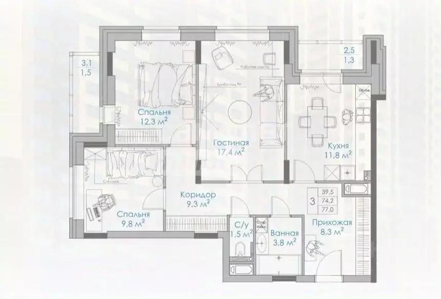 3-к кв. Липецкая область, Липецк Московская ул., 159к1 (77.0 м) - Фото 2