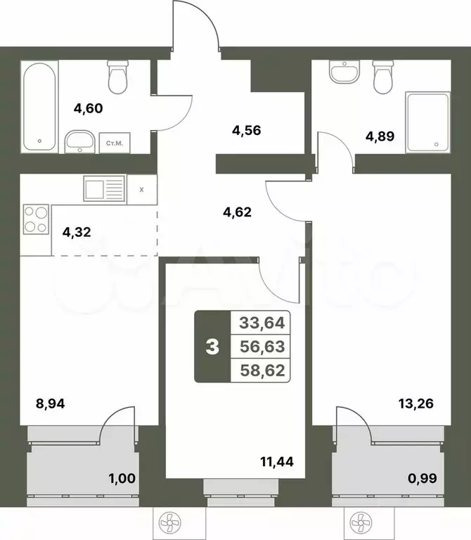 3-к. квартира, 58,6 м, 3/6 эт. - Фото 0