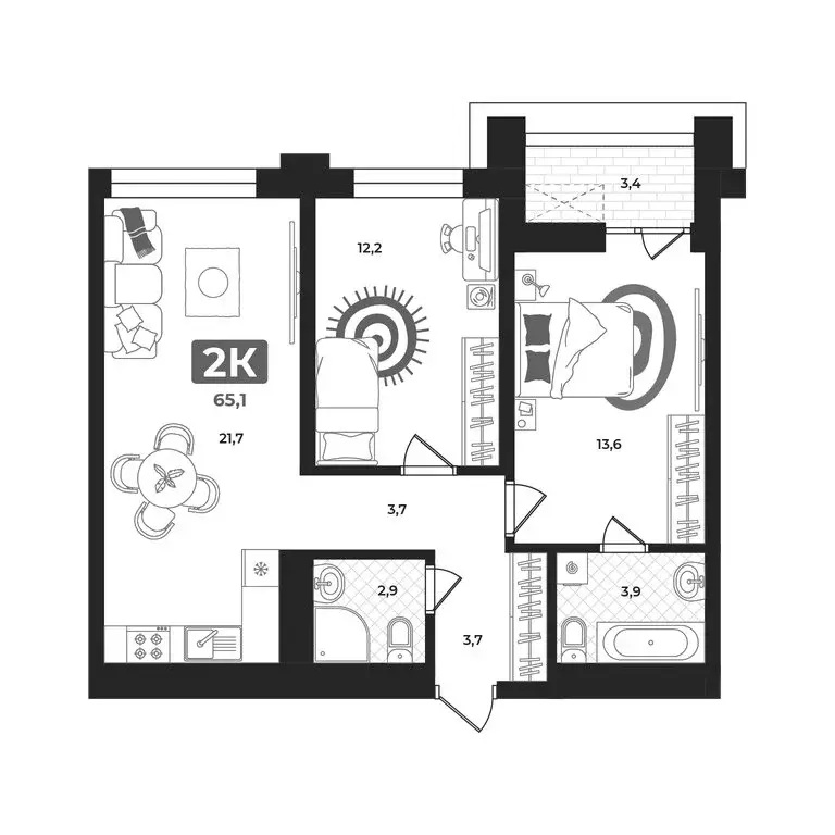 2-комнатная квартира: Тюмень, улица Братьев Бондаревых, 5 (64.5 м) - Фото 1