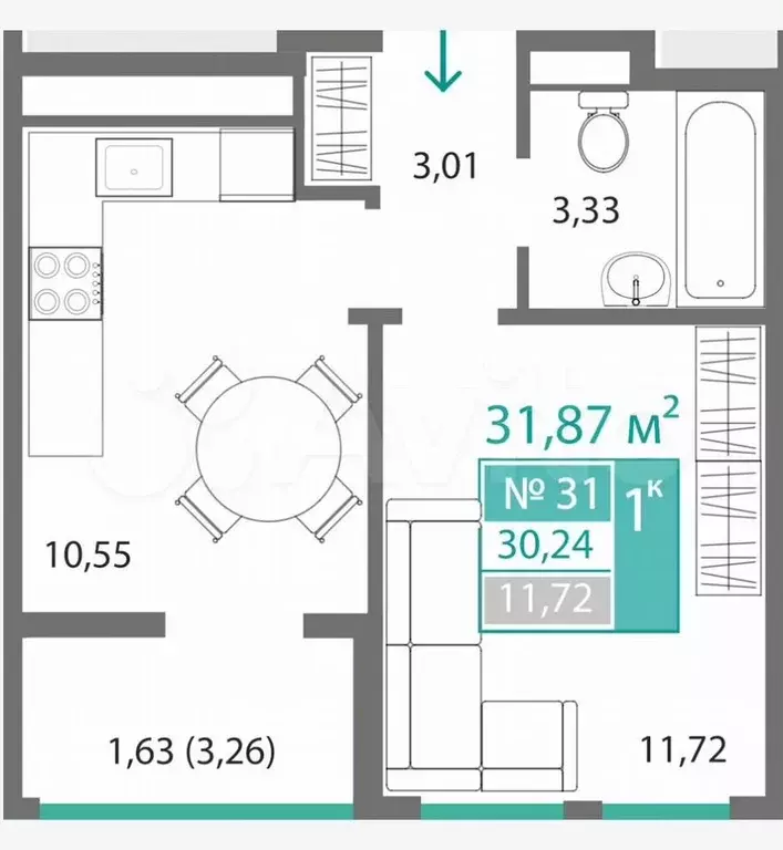 1-к. квартира, 31,9 м, 5/9 эт. - Фото 1