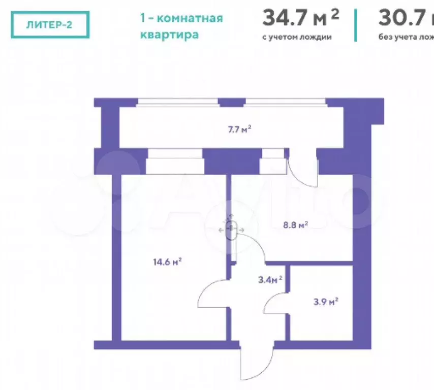 1-к. квартира, 34,7 м, 9/14 эт. - Фото 0