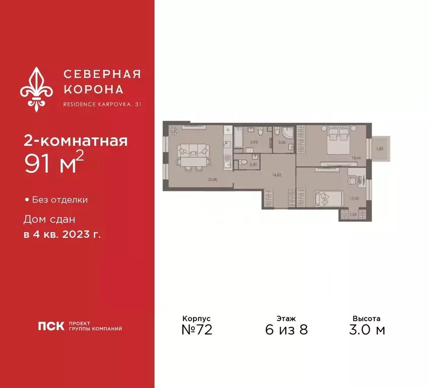 2-к кв. Санкт-Петербург наб. Реки Карповки, 31к1 (91.0 м) - Фото 0