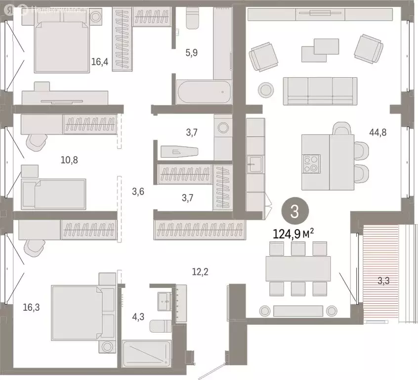 3-комнатная квартира: Тюмень, жилой комплекс На Минской (124.86 м) - Фото 1