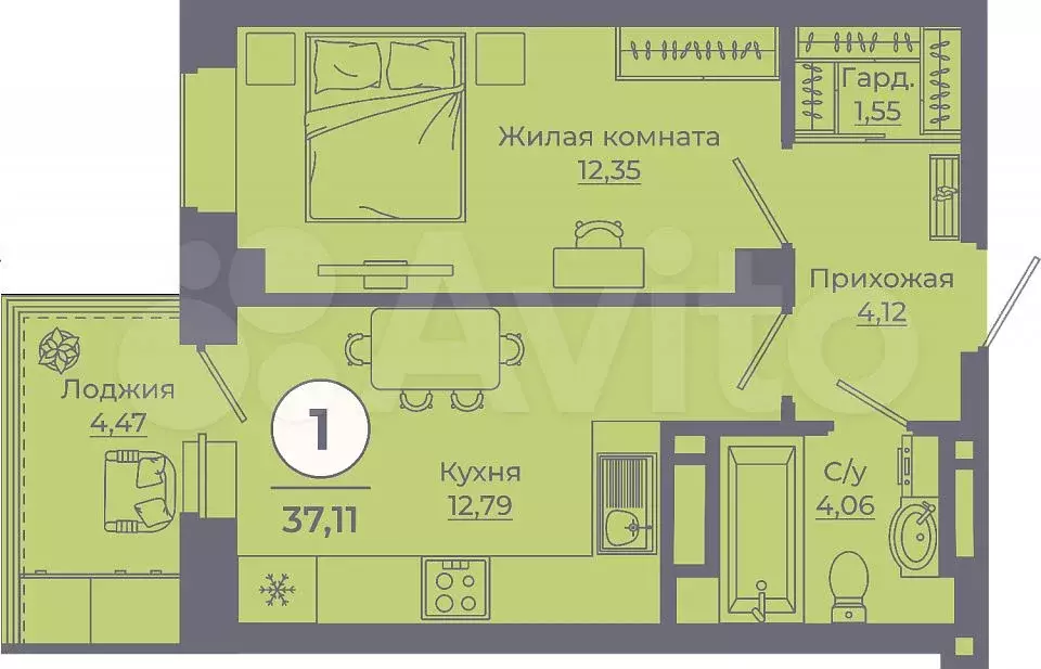 1-к. квартира, 37,1 м, 5/24 эт. - Фото 1