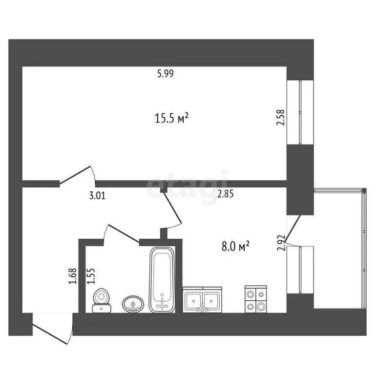 1-комнатная квартира: Тюмень, Камчатская улица, 2 (32.1 м) - Фото 1
