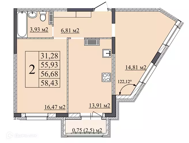Продаётся 2-к квартира, 57 м - Фото 0
