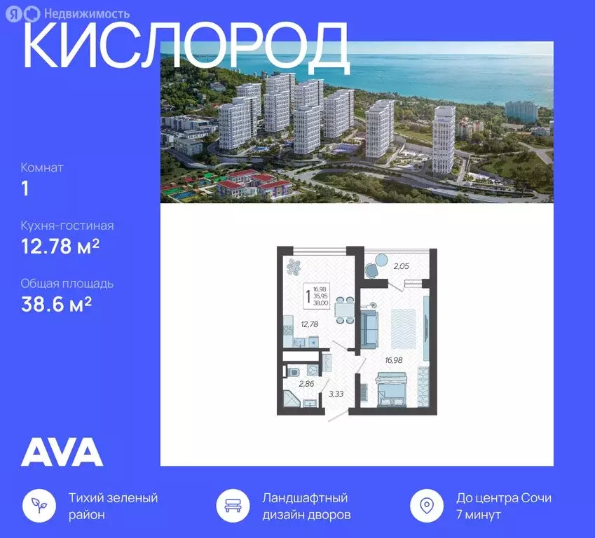 1-комнатная квартира: Сочи, микрорайон Бытха, Ясногорская улица, 16/2 ... - Фото 0