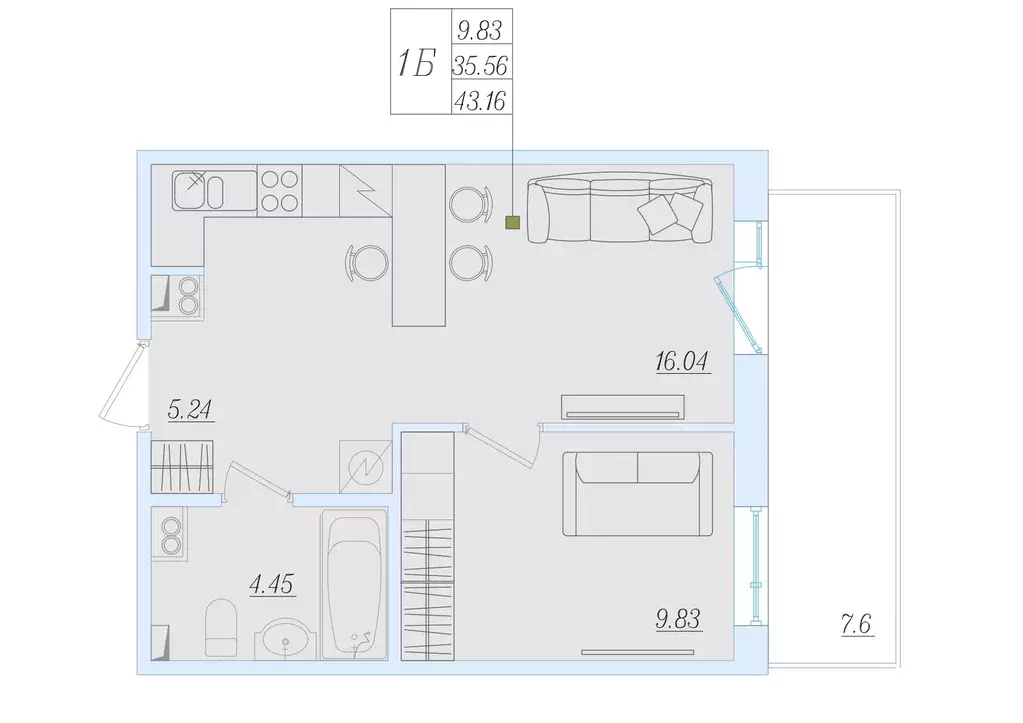 1-к квартира, 43.16 м - Фото 0