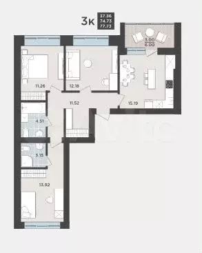 3-к. квартира, 77,7 м, 1/9 эт. - Фото 1