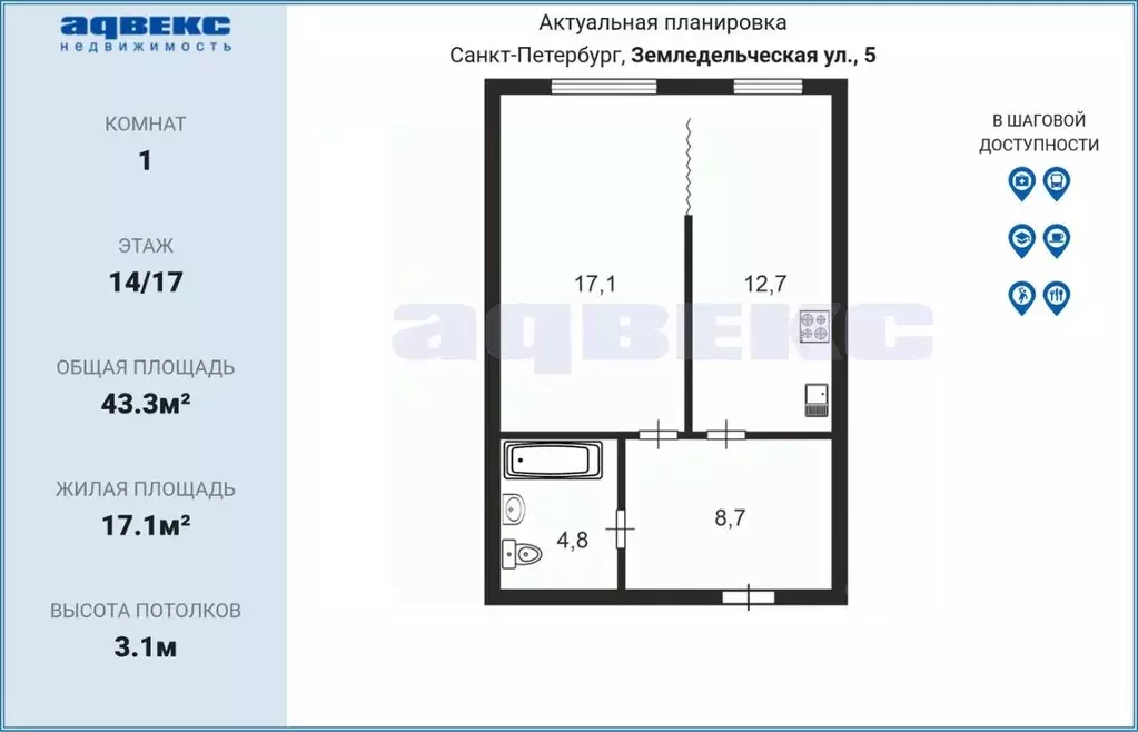 1-к кв. Санкт-Петербург Земледельческая ул., 5 (43.3 м) - Фото 2