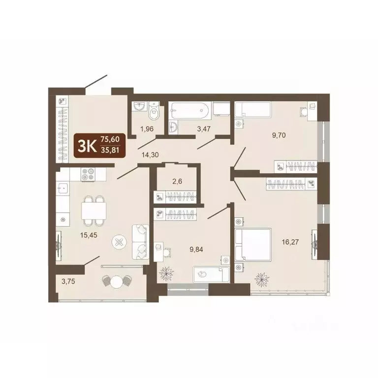 3-к кв. Кемеровская область, Кемерово 58В мкр, 1 (75.6 м) - Фото 0