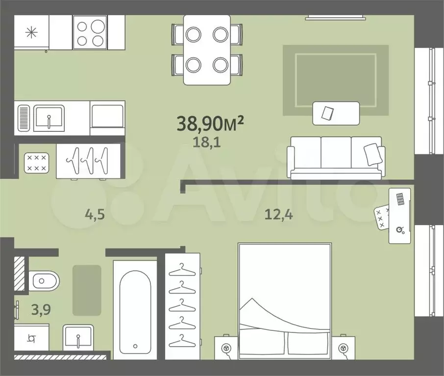 1-к. квартира, 38,9 м, 3/9 эт. - Фото 0