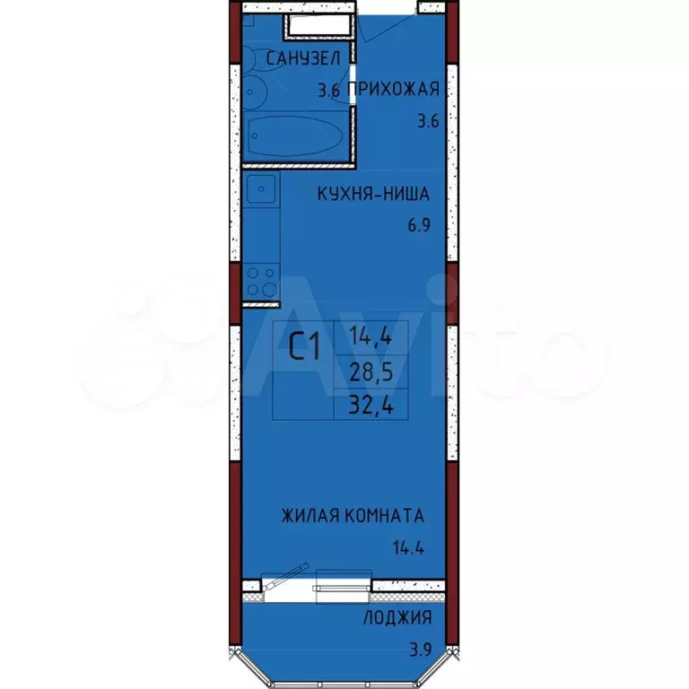 Квартира-студия, 32,4 м, 8/17 эт. - Фото 0