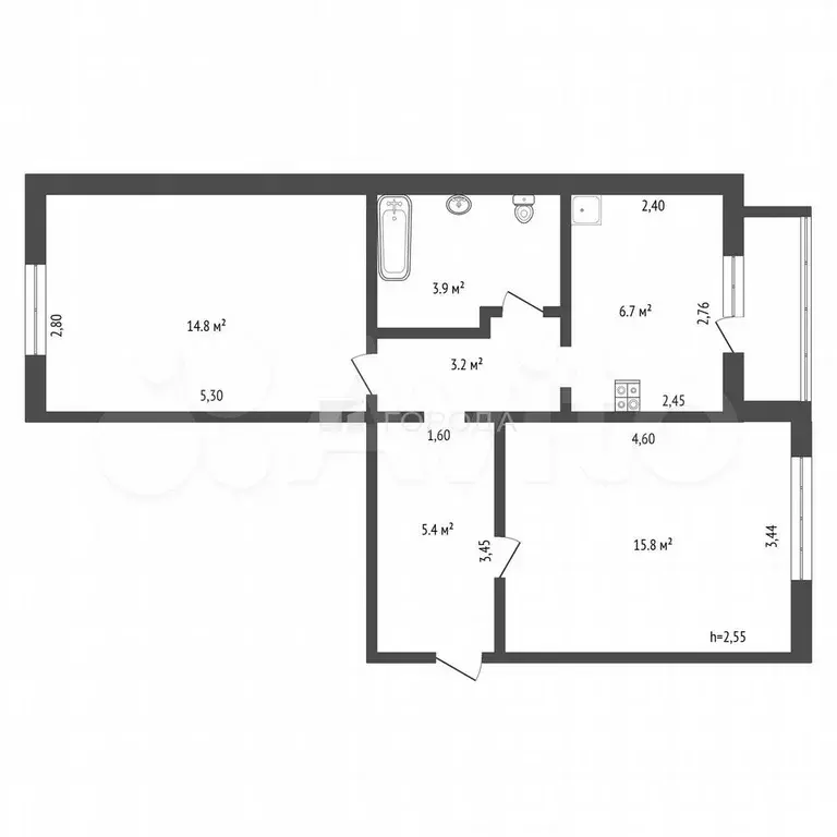 2-к. квартира, 51,3 м, 4/4 эт. - Фото 1