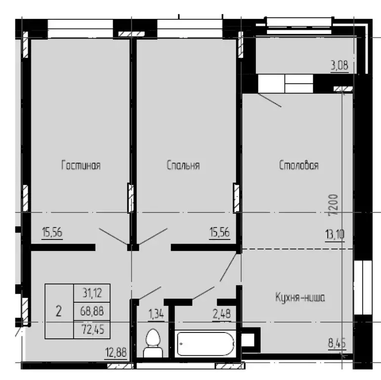 Квартира, 2 комнаты, 73 м - Фото 1