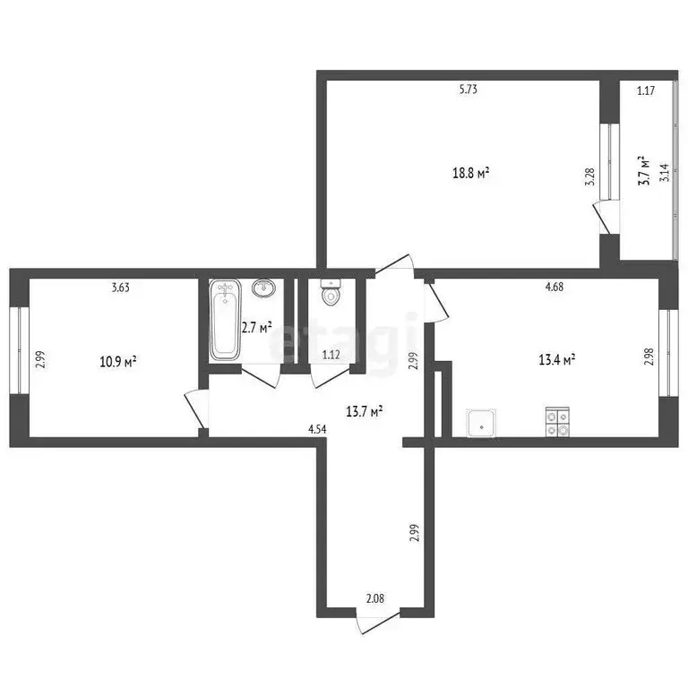 2-комнатная квартира: Тюмень, улица Николая Фёдорова, 17 (61.3 м) - Фото 1