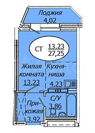 Квартира-студия, 27,3 м, 2/25 эт. - Фото 0