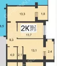 2-к. квартира, 59,7 м, 8/9 эт. - Фото 0