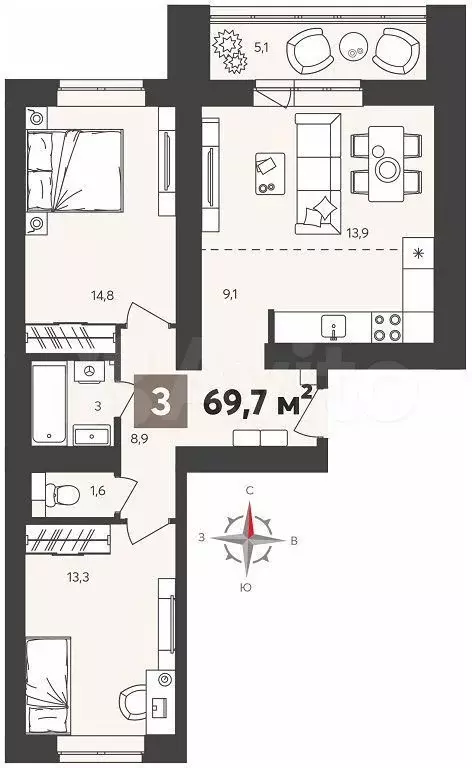 3-к. квартира, 69,7 м, 12/14 эт. - Фото 0