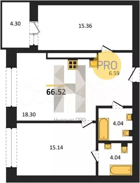 2-к. квартира, 66,5 м, 6/9 эт. - Фото 1