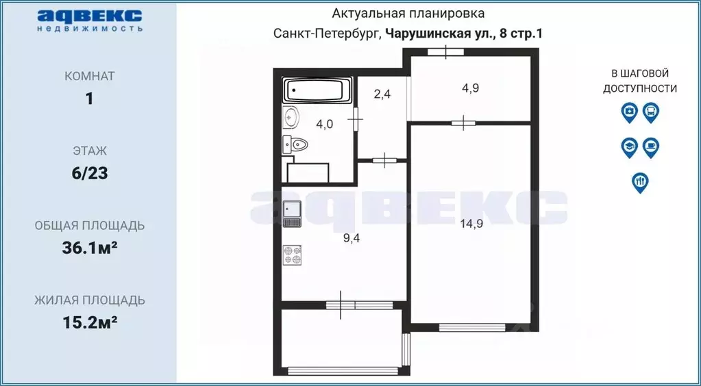1-к кв. Санкт-Петербург ул. Чарушинская, 8 (36.1 м) - Фото 1