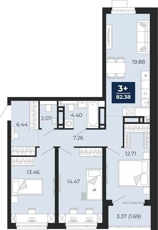 3-комнатная квартира: Тюмень, Арктическая улица, 12 (84.06 м) - Фото 1