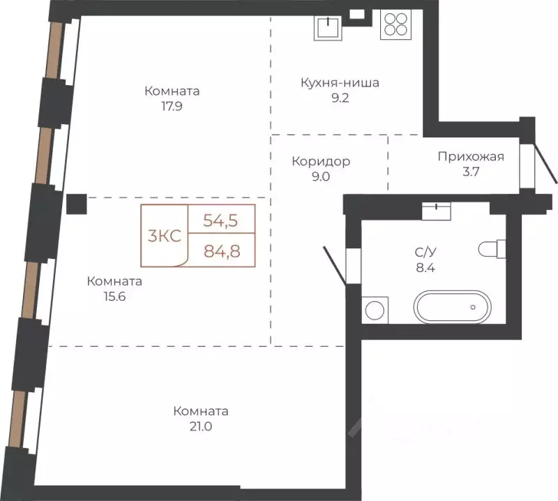 3-к кв. Алтайский край, Барнаул пл. Баварина, 8к1 (84.4 м) - Фото 1