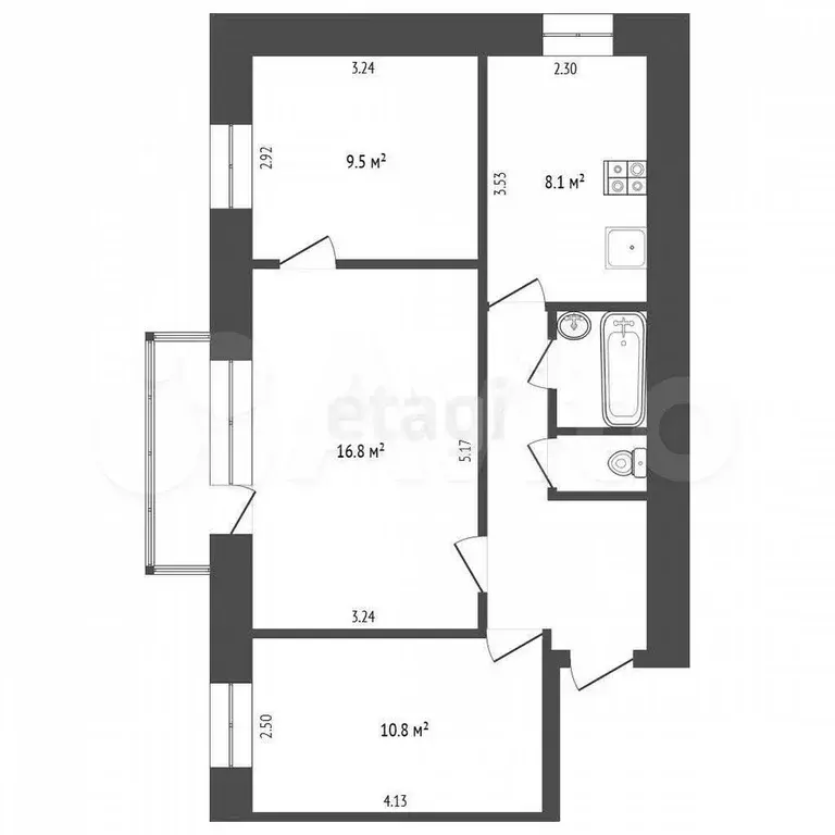 3-к. квартира, 55,4 м, 2/9 эт. - Фото 0