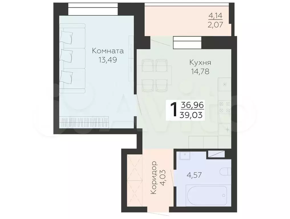 1-к. квартира, 39,7 м, 4/25 эт. - Фото 0