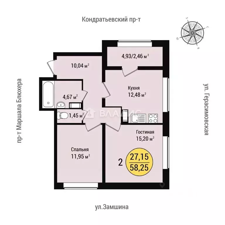 2-к кв. Санкт-Петербург Герасимовская ул., 5к2 (58.0 м) - Фото 1