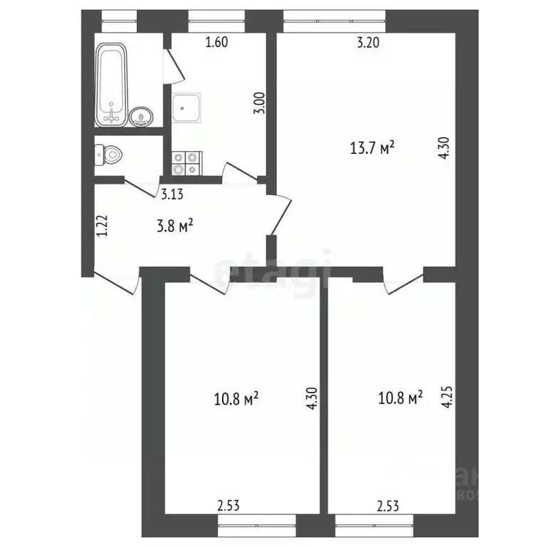 3-к кв. Кемеровская область, Новокузнецк ул. Энтузиастов, 59 (48.0 м) - Фото 2