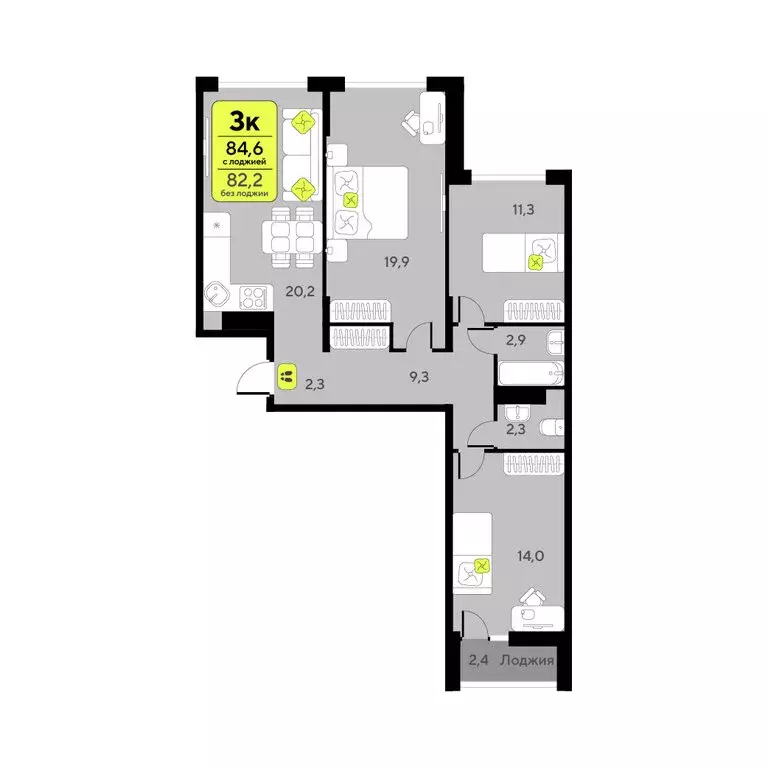 3-комнатная квартира: Тюмень, улица Ивана Чистякова, 3 (82.2 м) - Фото 2