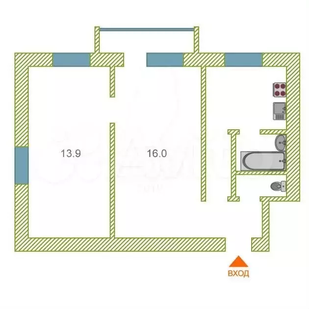 2-к. квартира, 45,6 м, 4/5 эт. - Фото 0