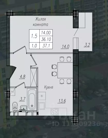 1-к кв. Курская область, Курск ул. Энгельса, 158 (37.1 м) - Фото 0