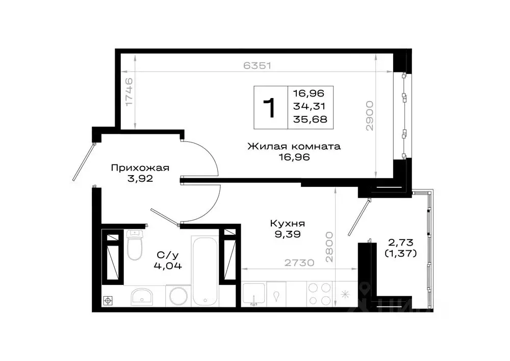1-к кв. Ростовская область, Ростов-на-Дону Нефтекачка кв-л,  (35.68 м) - Фото 1