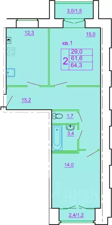 2-к кв. Костромская область, Кострома ул. Ткачей (64.9 м) - Фото 1