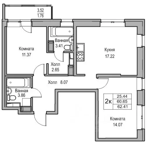 2-к кв. Санкт-Петербург ул. Ивинская, 1к1 (60.65 м) - Фото 0