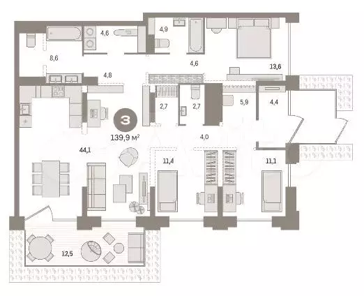 3-к. квартира, 140 м, 1/25 эт. - Фото 0