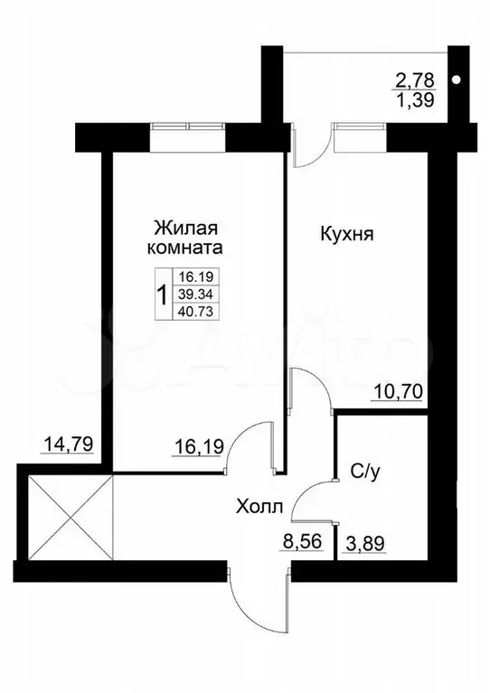 1-к. квартира, 40,7 м, 7/9 эт. - Фото 1