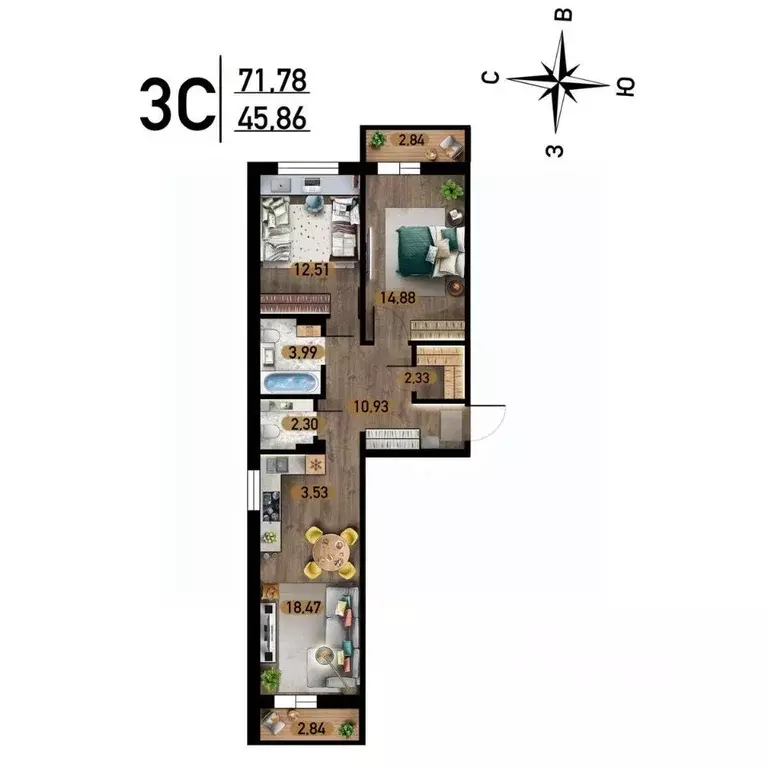 3-к кв. Новосибирская область, Новосибирск ул. Забалуева, с10 (71.78 ... - Фото 0