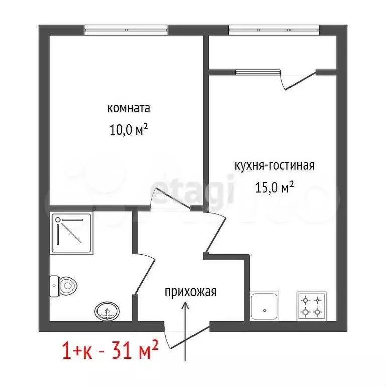 1-к. квартира, 31 м, 5/5 эт. - Фото 0