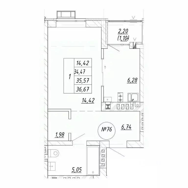 1-к кв. Калининградская область, Зеленоградск  (35.57 м) - Фото 2