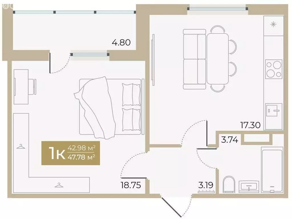 1-комнатная квартира: Тюмень, Алматинская улица, 5 (43 м) - Фото 1