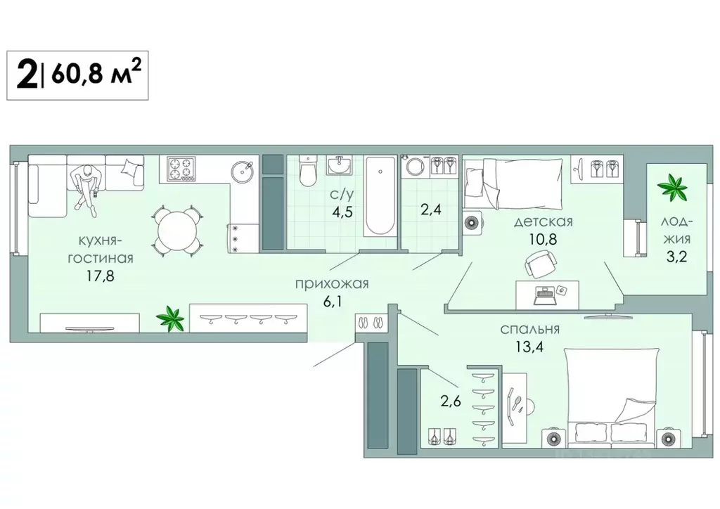 2-к кв. Тверская область, Тверь Южный мкр,  (60.8 м) - Фото 0