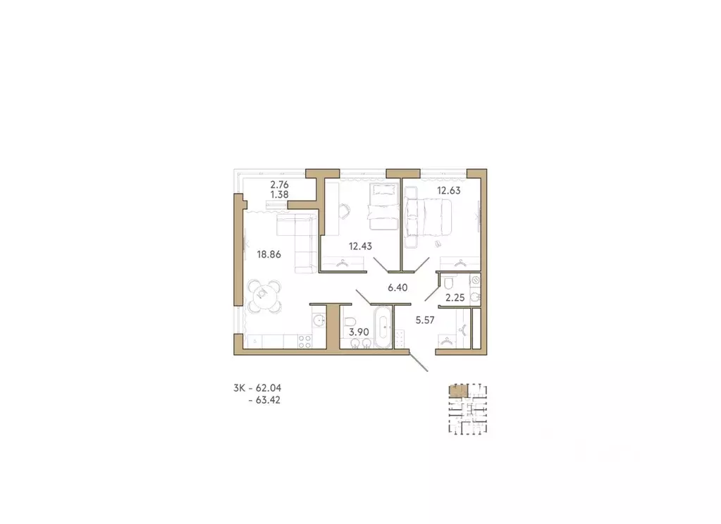 2-к кв. Пензенская область, Пенза Академия жилой комплекс (63.42 м) - Фото 1